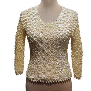 Womens One Size Cream Top Vintage Blue Bubble Texture Popcorn Stretch Blouse Y2K